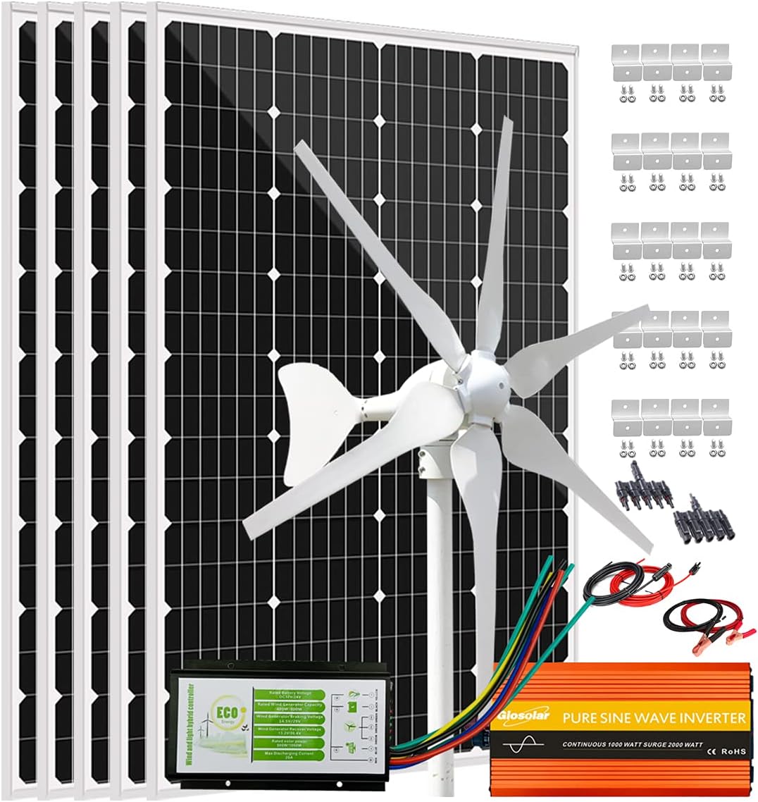 1000W Solar Wind Power Kit Home Off-Grid System for Charging 12V Battery:5 X 120W Mono Solar Panel + 400W Wind Turbine Generator + Hybrid Controller+ 3000W 12V Inverter