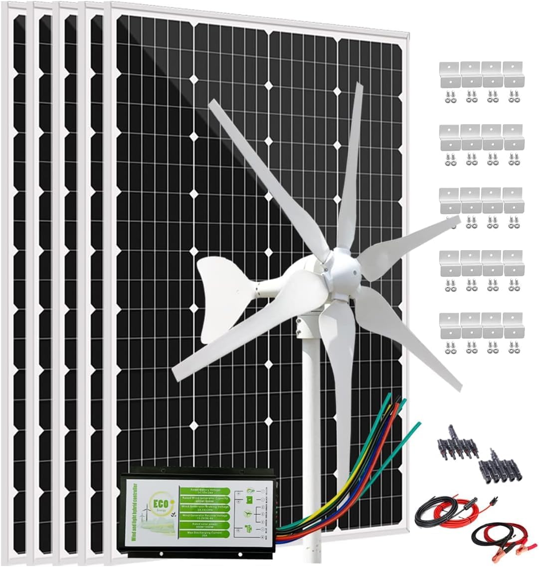 1000W Solar Wind Power Kit Home Off-Grid System for Charging 12V Battery:5 X 120W Mono Solar Panel + 400W Wind Turbine Generator + Hybrid Controller+ 3000W 12V Inverter