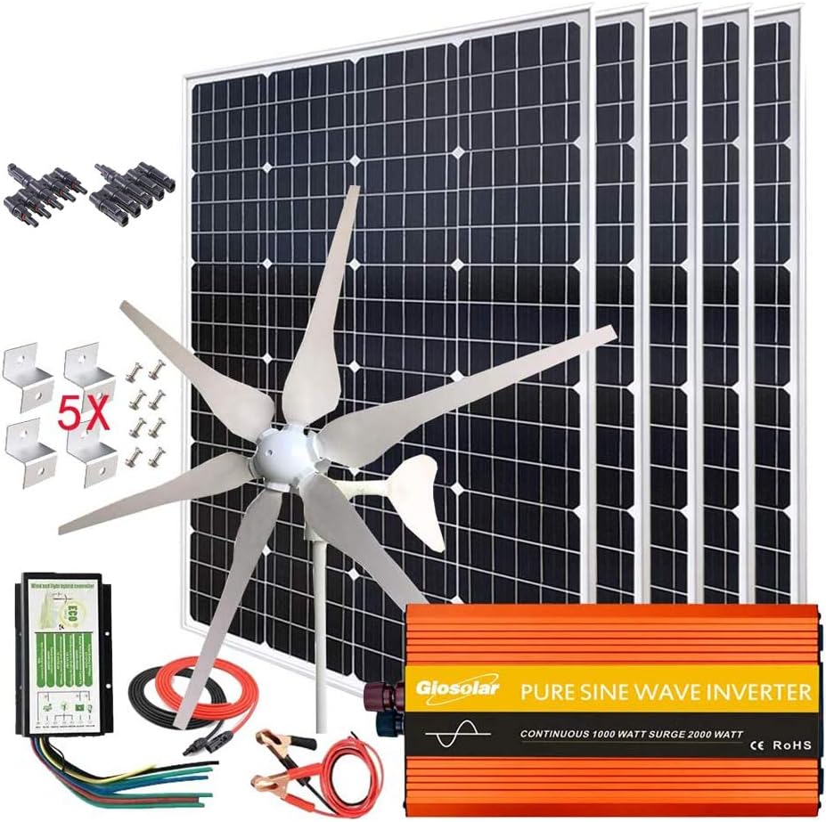 1000W Solar Wind Power Kit Home Off-Grid System for Charging 12V Battery:5 X 120W Mono Solar Panel + 400W Wind Turbine Generator + Hybrid Controller+ 3000W 12V Inverter