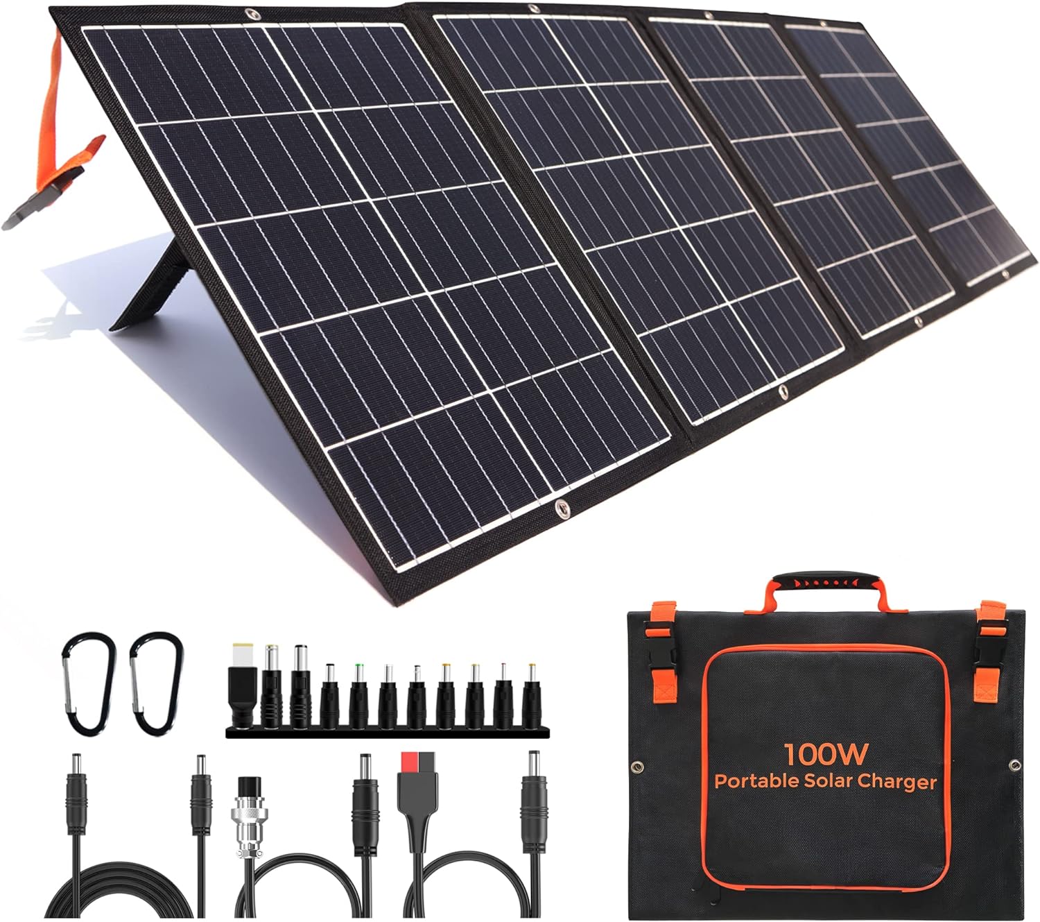 100W Portable Solar Panel Kit with Stand Foldable Solar Panel Charger for Jackery Power Station, 8mm Goal Zero Yeti Power Station, Suaoki Portable Generator, Phones, Laptop, with QC 3.0 USB DC Ports