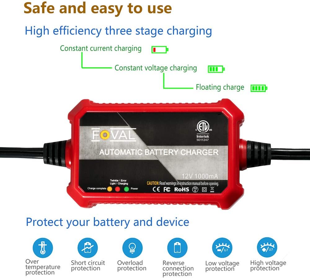 [2-Pack] FOVAL 1000mA Battery Charger, 12V Automatic Smart Charger Battery Maintainer Trickle Charger for Motorcycle, ATVs, RVs, Boats and More