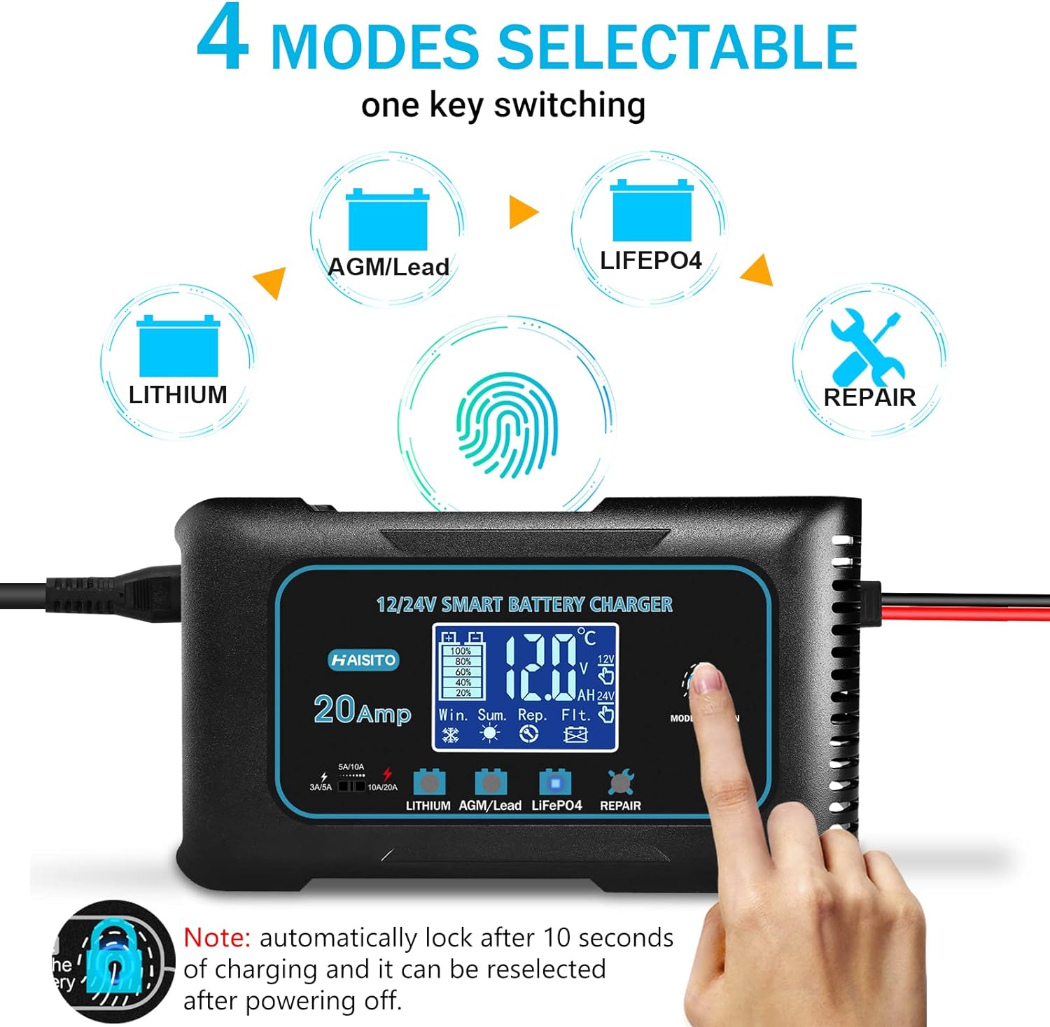 20 Amp Lithium Battery Charger, 12V and 24V Lifepo4,Lead-Acid(AGM/Gel/SLA..) Portable Car Battery Charger,Battery Maintainer, Trickle Charger, and Battery Desulfator for Car,Boat,Motorcycle…