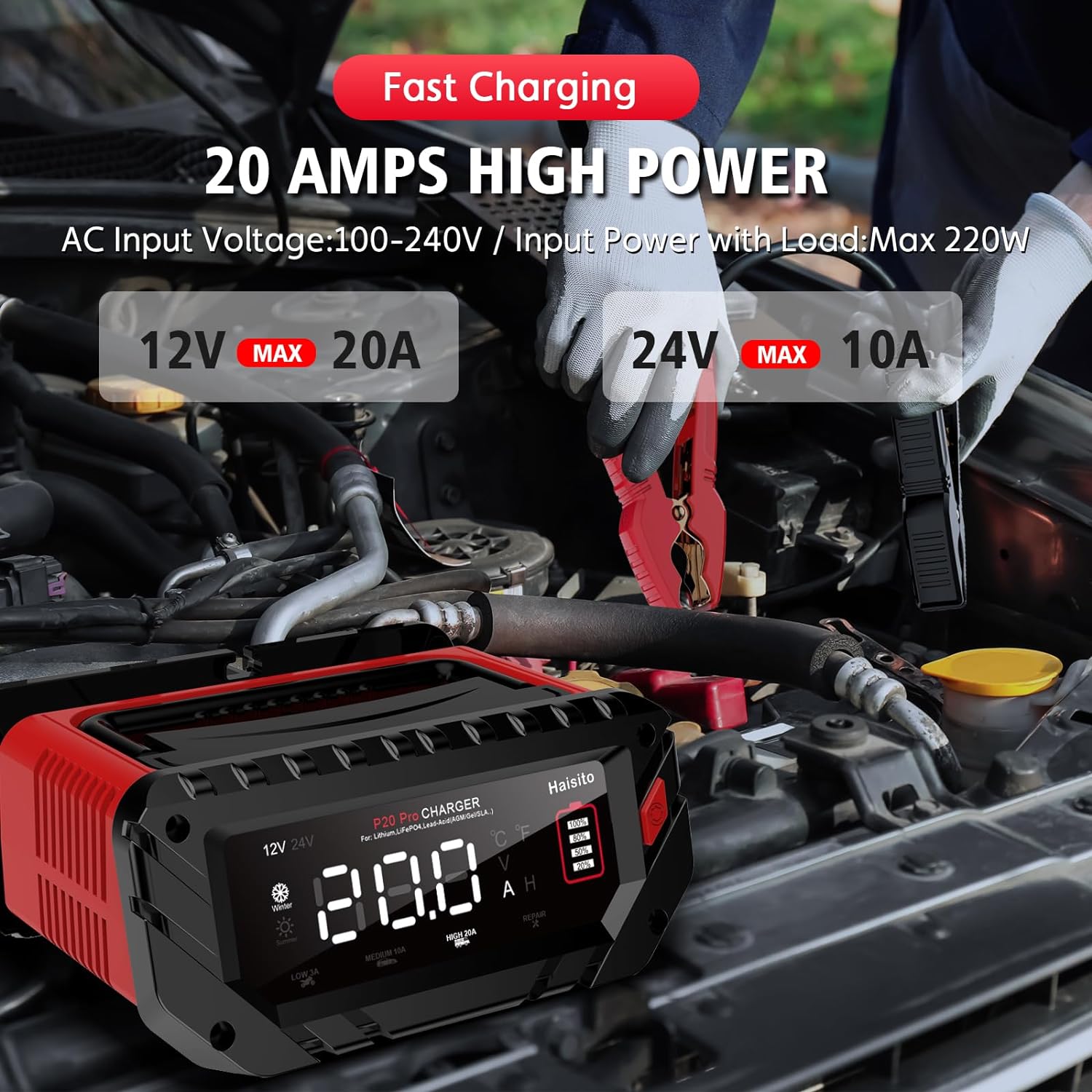 20 Amp Lithium Battery Charger, 12V and 24V Lifepo4,Lead-Acid(AGM/Gel/SLA..) Portable Car Battery Charger,Battery Maintainer, Trickle Charger, and Battery Desulfator for Car,Boat,Motorcycle…