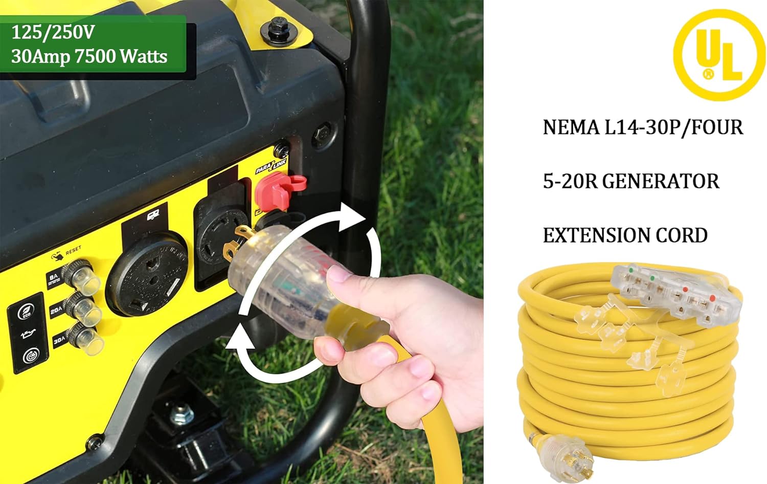 25 Feet Heavy Duty Generator Adaptor Extension Cord,Locking Cord,NEMA L14-30P/Four 5-20R, 4 Prong 10 Gauge Flexible Generator Cable,Generator Power Cord, 125/250V 30Amp 7500 Watts