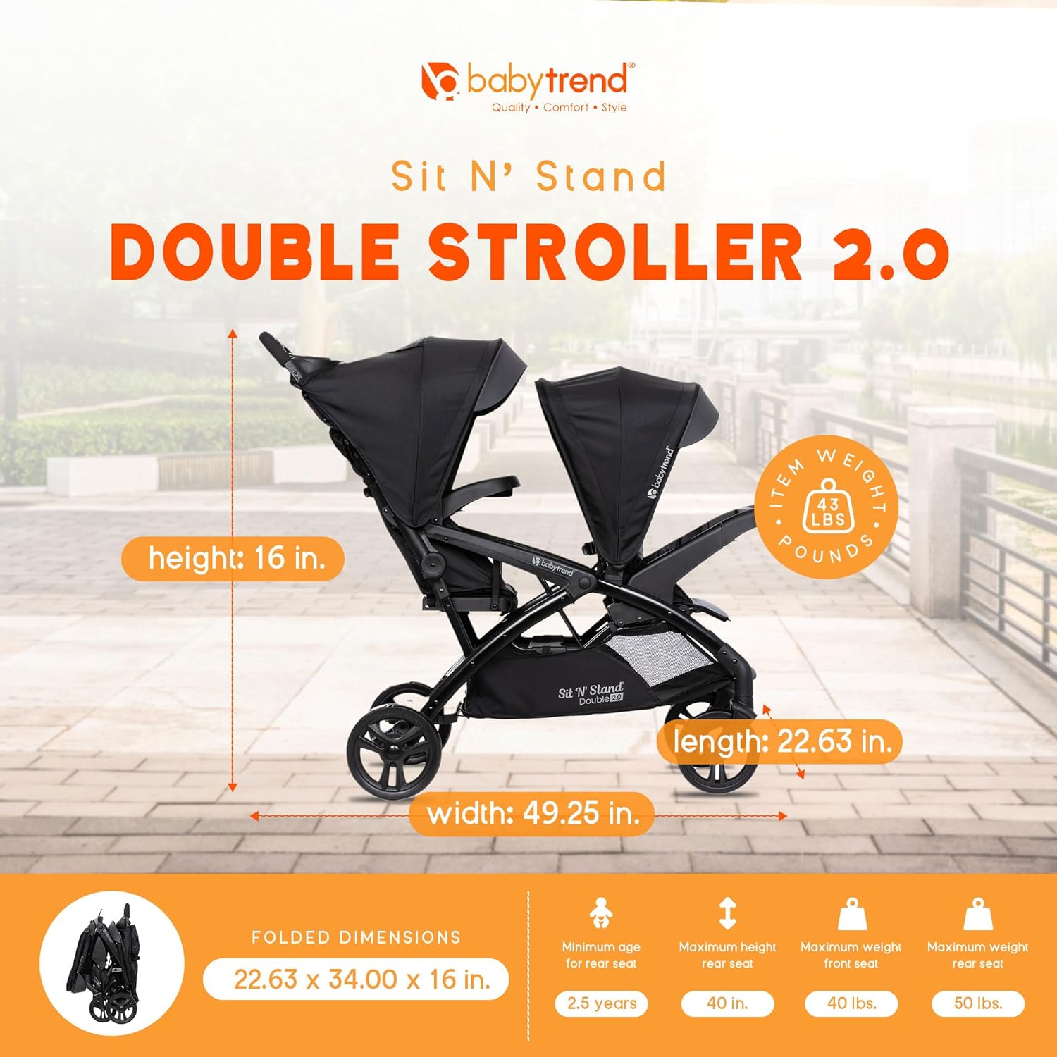 Baby Trend Sit N Stand Double Stroller 2.0 DLX with 5 Point Safety Harness, Canopy, Extra Basket, 2 Cup Holders, and Covered Compartment, Stormy