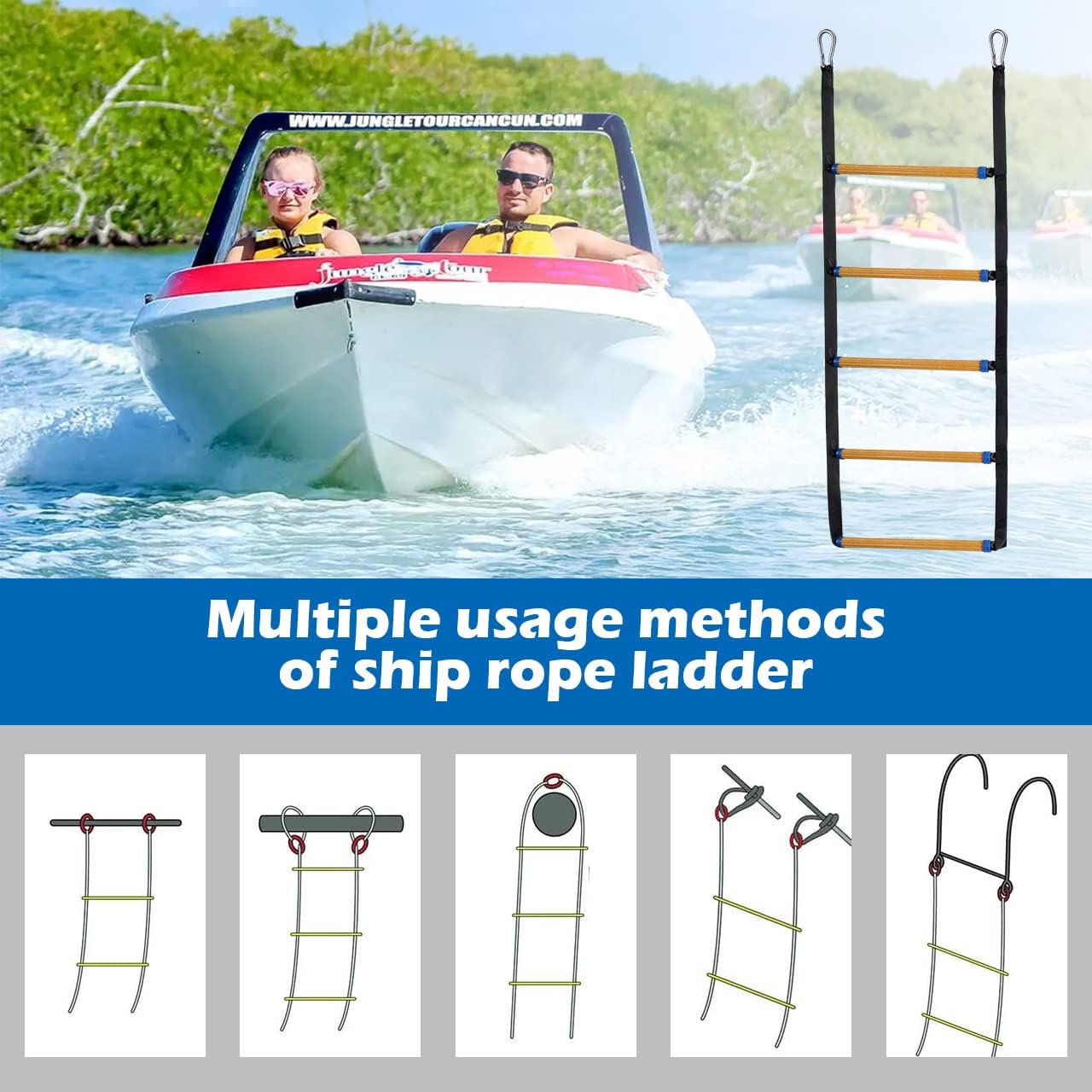 Boat Rope Ladder 4 Step,Rope Ladder Portable for Adults Fishing Boat Canoeing,Inflatable Boat, Kayak, Motorboat, Reusable Heavy Duty Anti Slip Rope Ladder