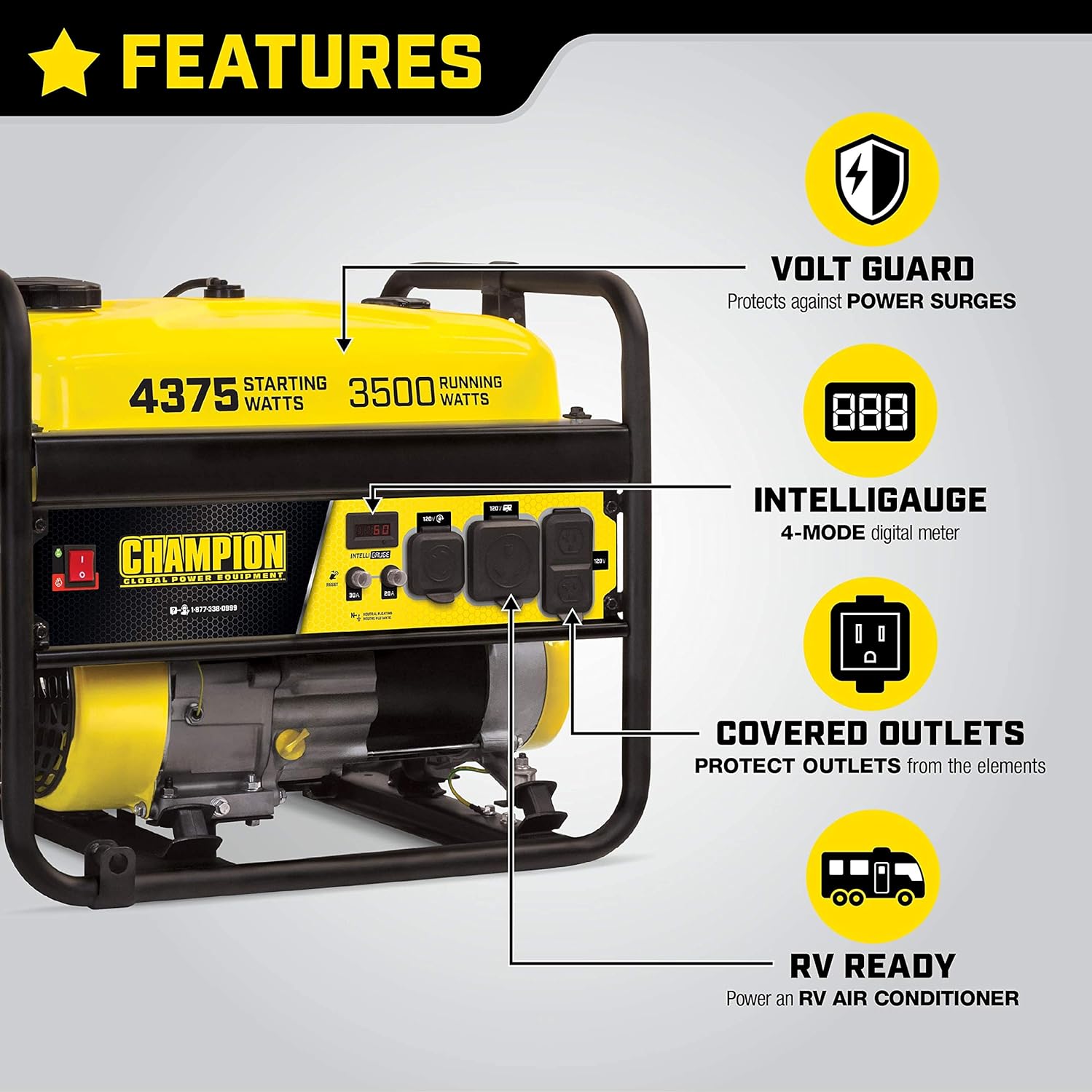 Champion Power Equipment 100555 4375/3500-Watt RV Ready Portable Generator, Yellow/Black, CARB