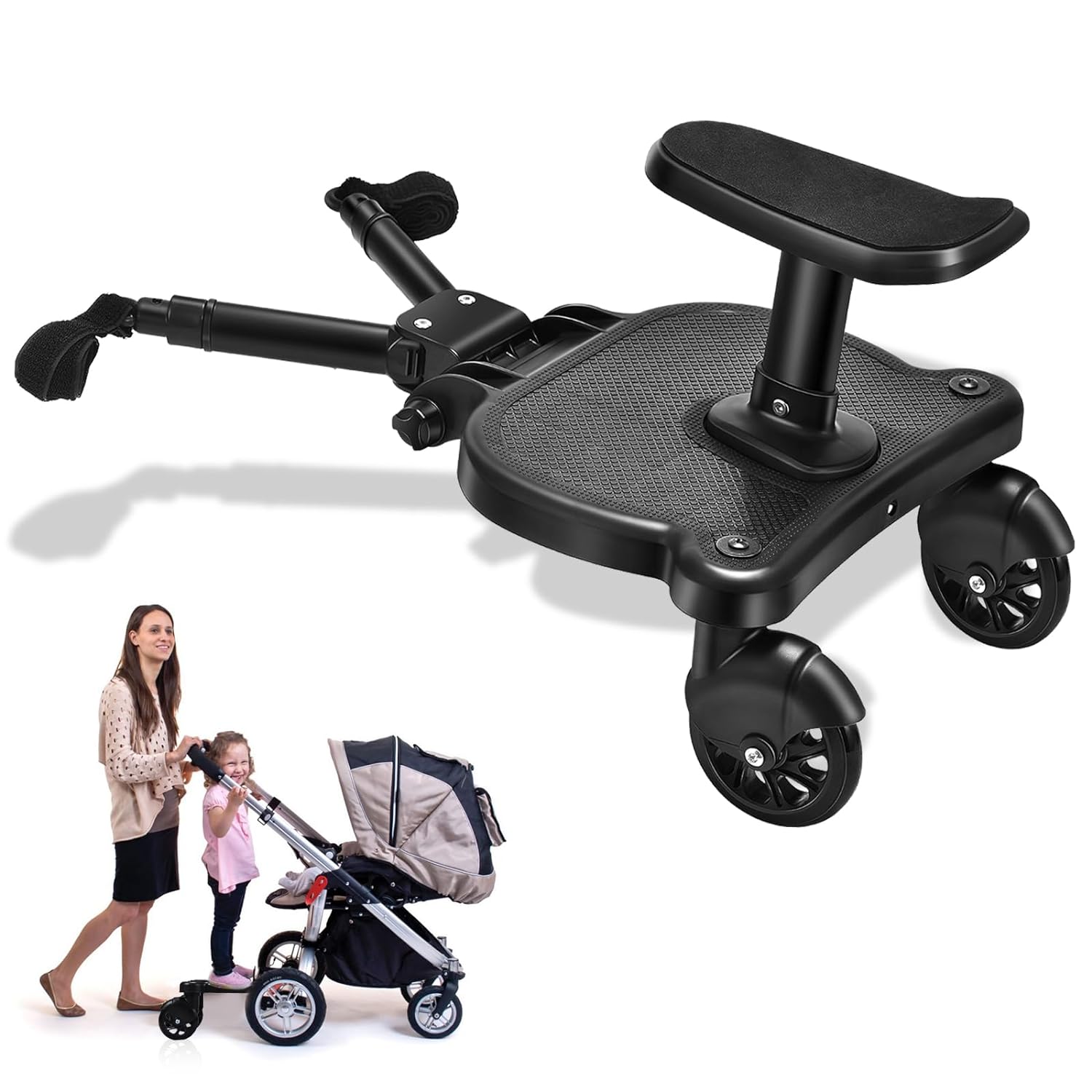 CozyGoo Universal Stroller Board, 2 in1 Sit and Stand Stroller Glider Board with Detachable Seat, Buggy Board Suitable for 99% of Strollers, for 2-6-year-old Children, Max Load 55lbs (Black)