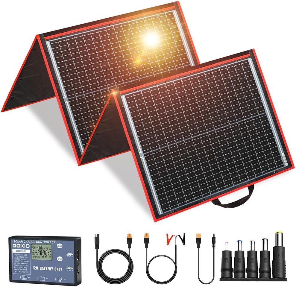 DOKIO 160W 18V Portable Solar Panel Kit (ONLY 9lb) Folding Solar Charger with 2 USB Outputs for 12v Batteries/Power Station AGM LiFePo4 RV Camping Trailer Car Marine……