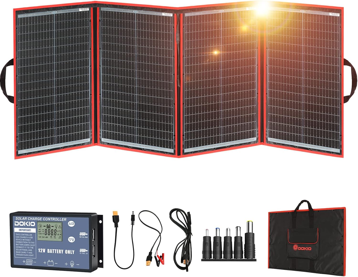 DOKIO 160W 18V Portable Solar Panel Kit (ONLY 9lb) Folding Solar Charger with 2 USB Outputs for 12v Batteries/Power Station AGM LiFePo4 RV Camping Trailer Car Marine……