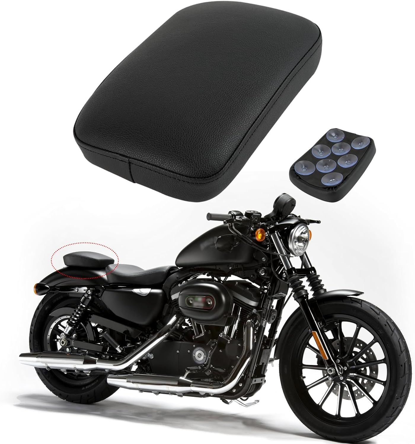 DREAMIZER Universal Black Pillion Passenger Pad Seat Motorcycle Solo Seat Rear Cushion 8 Suction Cups Compatible with Harley Davidson Sportster XL 883 1200 Forty Eight Dyna Chopper Bobber Custom