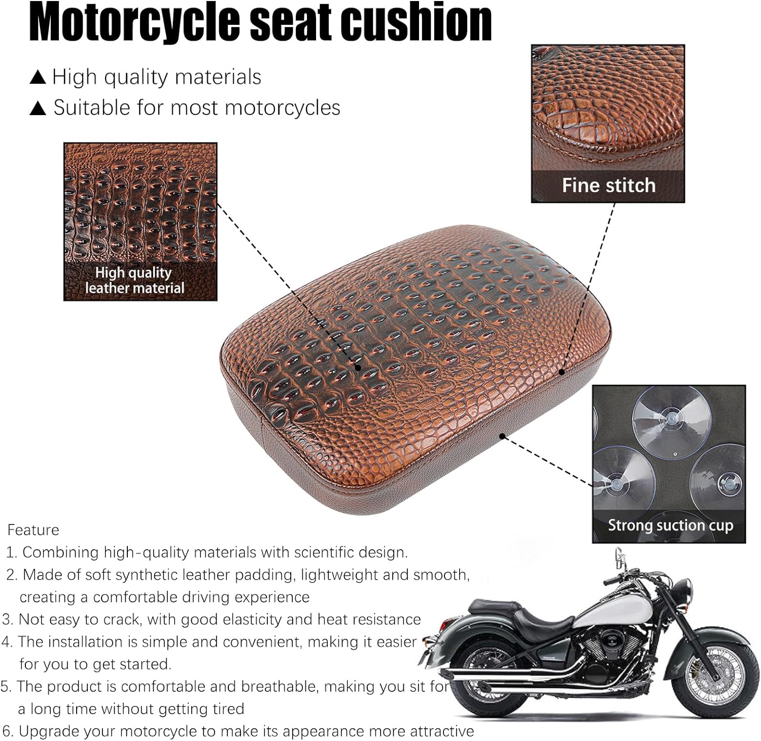 DREAMIZER Universal Black Pillion Passenger Pad Seat Motorcycle Solo Seat Rear Cushion 8 Suction Cups Compatible with Harley Davidson Sportster XL 883 1200 Forty Eight Dyna Chopper Bobber Custom