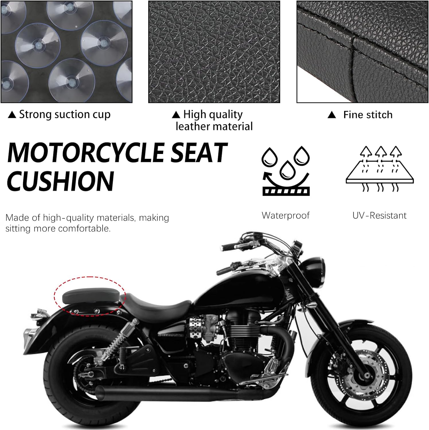 DREAMIZER Universal Black Pillion Passenger Pad Seat Motorcycle Solo Seat Rear Cushion 8 Suction Cups Compatible with Harley Davidson Sportster XL 883 1200 Forty Eight Dyna Chopper Bobber Custom