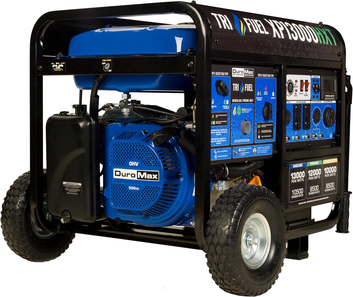 DuroMax XP13000HXT 13,000-Watt 500cc Tri Fuel Gas Propane Natural Gas Portable Generator with CO Alert, Black/Blue