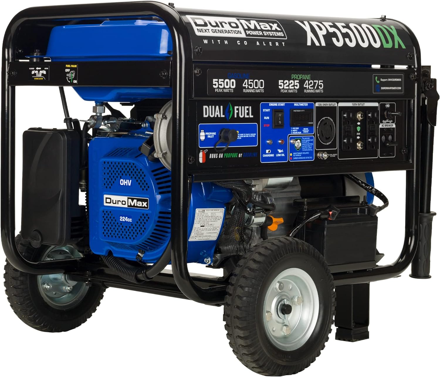 DuroMax XP5500DX 5,500-Watt/4,500-Watt 224cc Electric Start Dual Fuel Portable Generator w/CO Alert