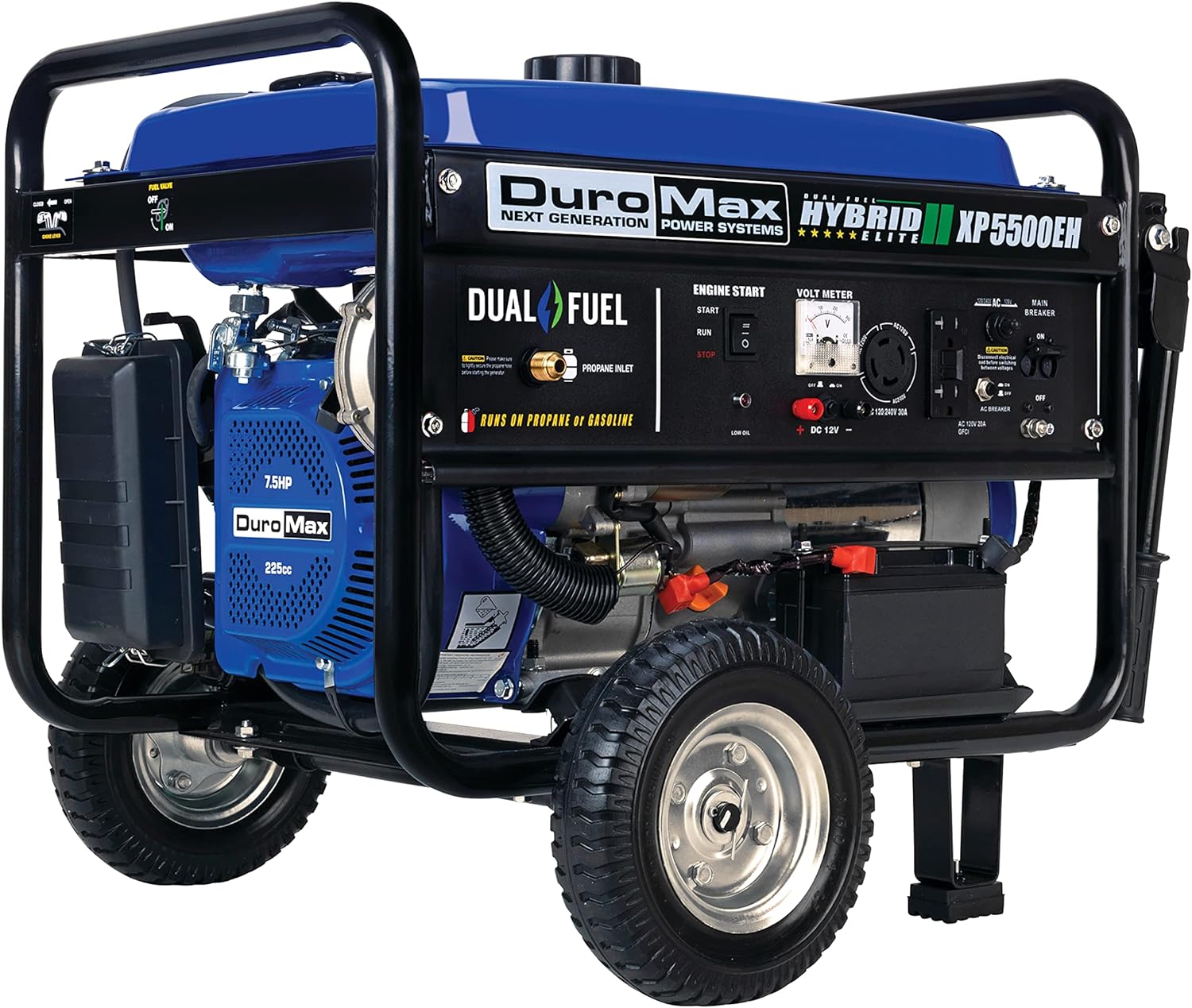 DuroMax XP5500EH Electric Start-Camping  RV Ready, 50 State Approved Dual Fuel Portable Generator-5500 Watt Gas or Propane Powered, Blue/Black