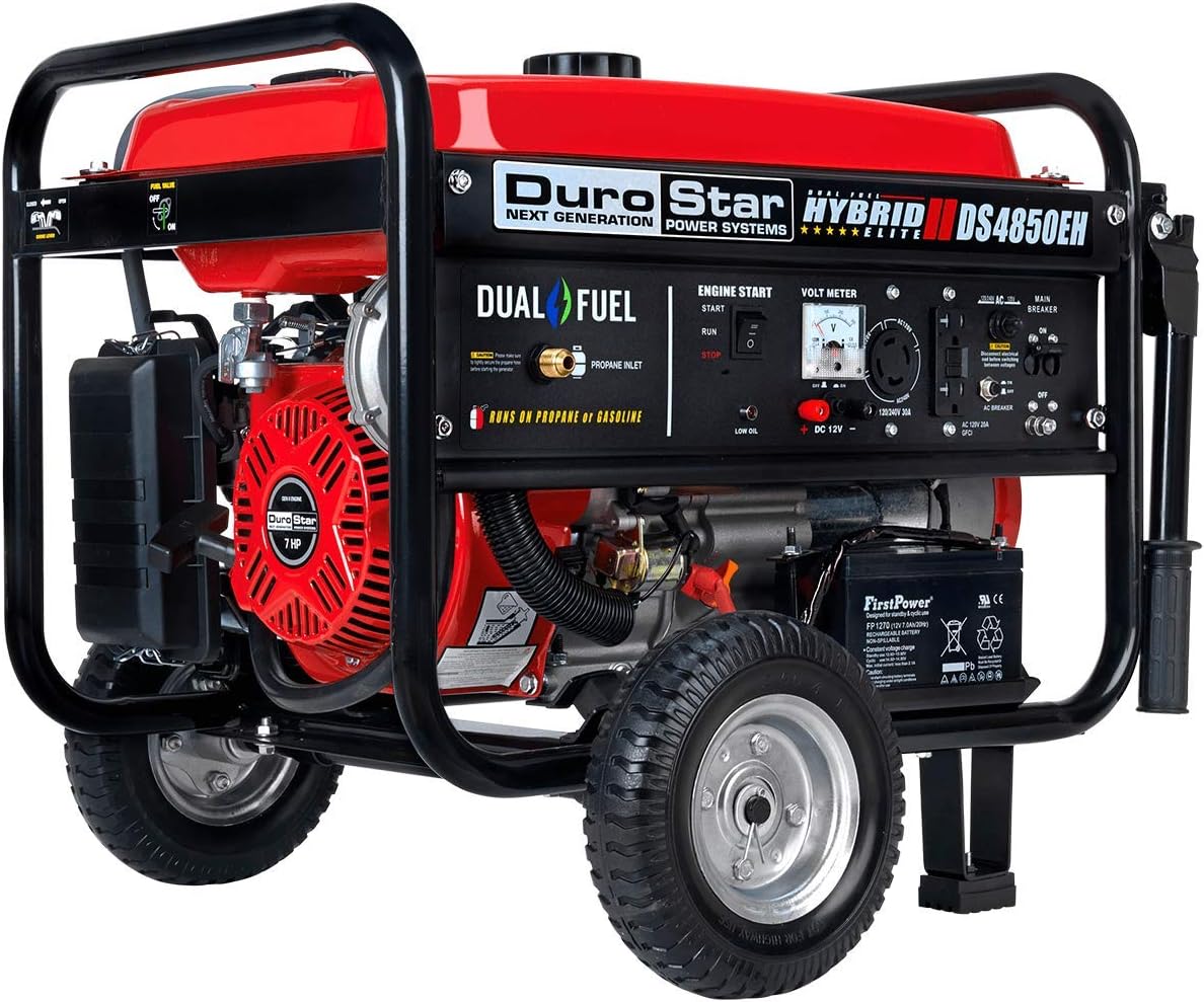 DuroStar DS4850EH Dual Fuel Portable Generator-4850 Watt Gas or Propane Powered Electric Start-Camping  RV Ready, 50 State Approved, Red/Black