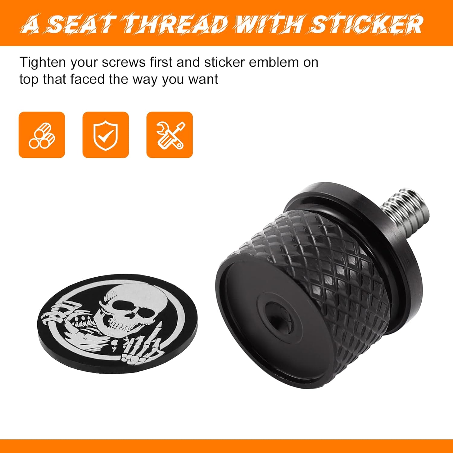 Eumti Stainless Knurled Fender Rear Seat Bolt Screw 1/4-20 Thread Skull Pattern Black Eyes Compatible with Harley Davidson Touring Softail Dyna Sportster CVO Fatbob 1996-2023