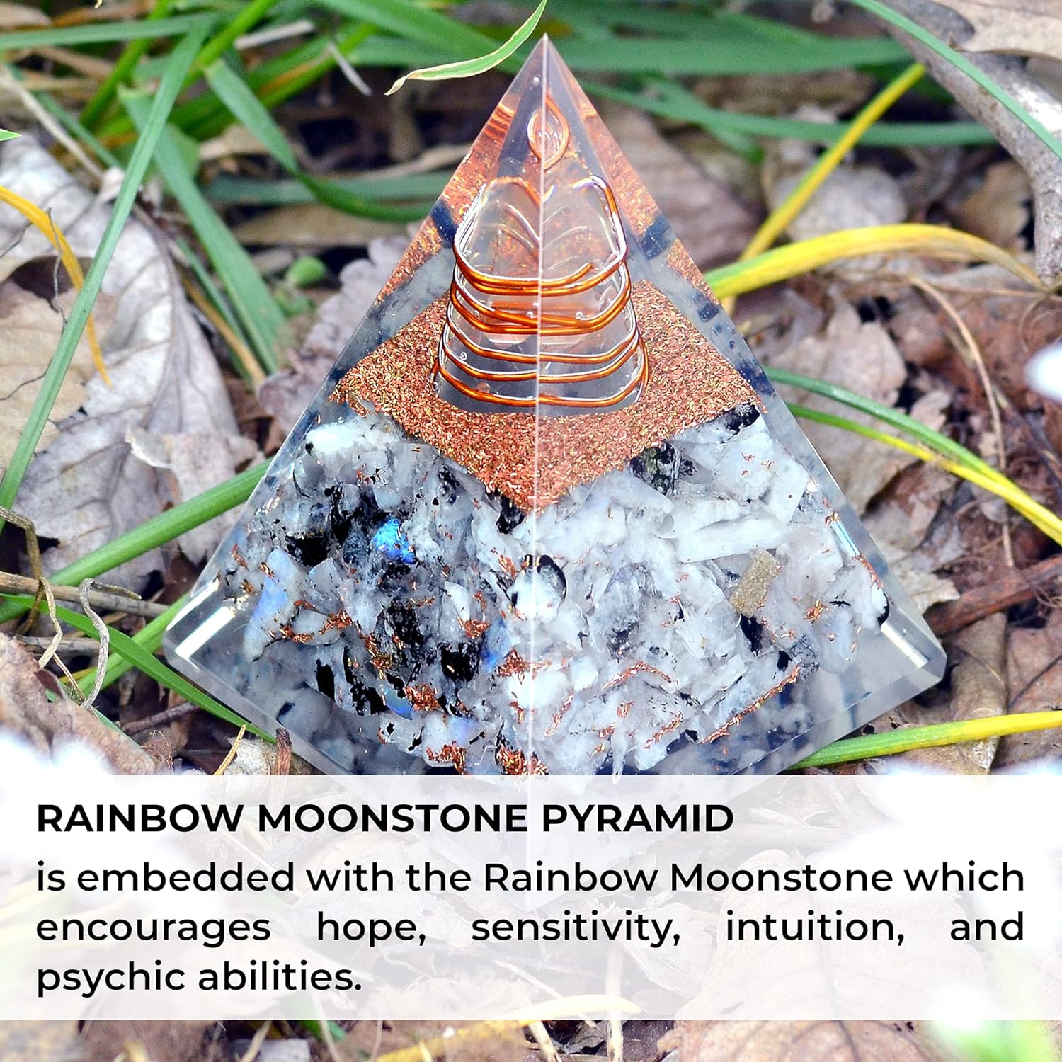 Ever Vibes New Inspirational Orgonite Pyramid for Positivity | Rainbow Moonstone Orgone Pyramid for Strength – Meditation - Yoga - Reiki - Healing Crystal Gemstone Pyramid