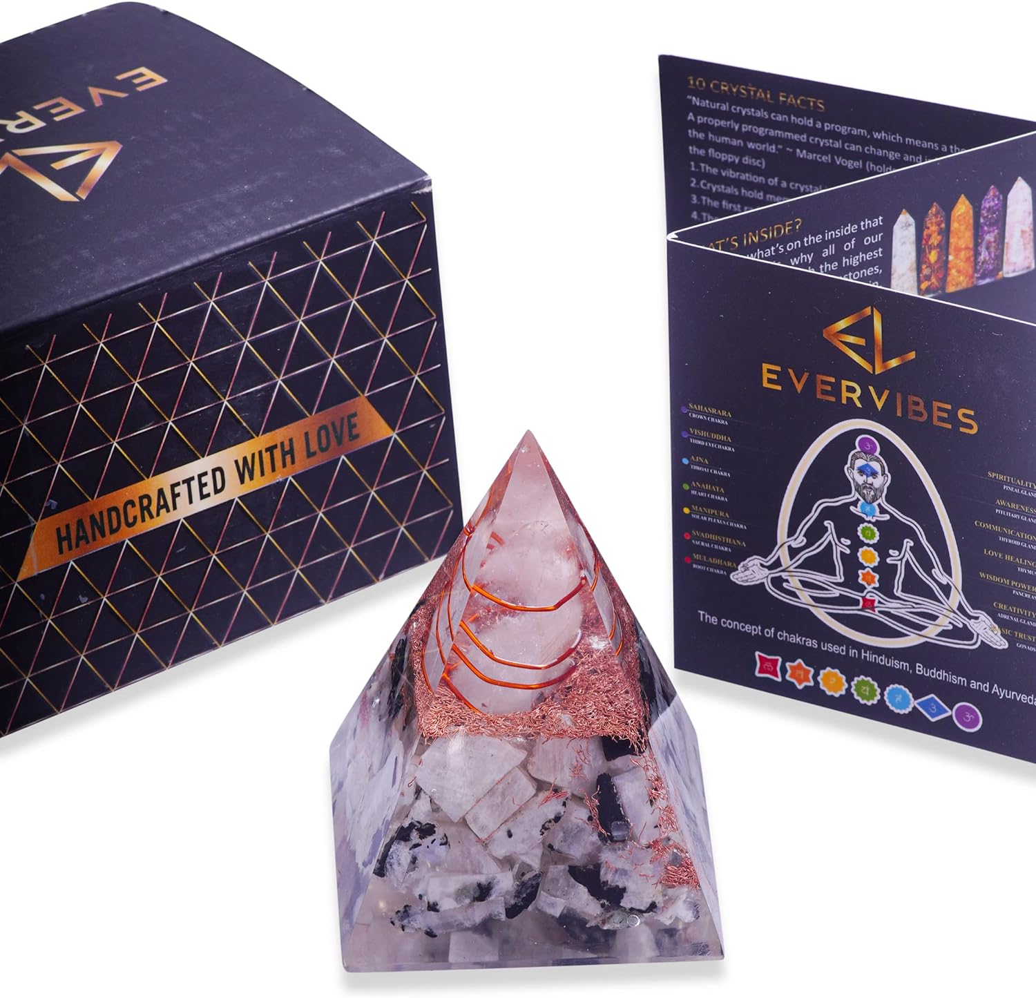 Ever Vibes New Inspirational Orgonite Pyramid for Positivity | Rainbow Moonstone Orgone Pyramid for Strength – Meditation - Yoga - Reiki - Healing Crystal Gemstone Pyramid