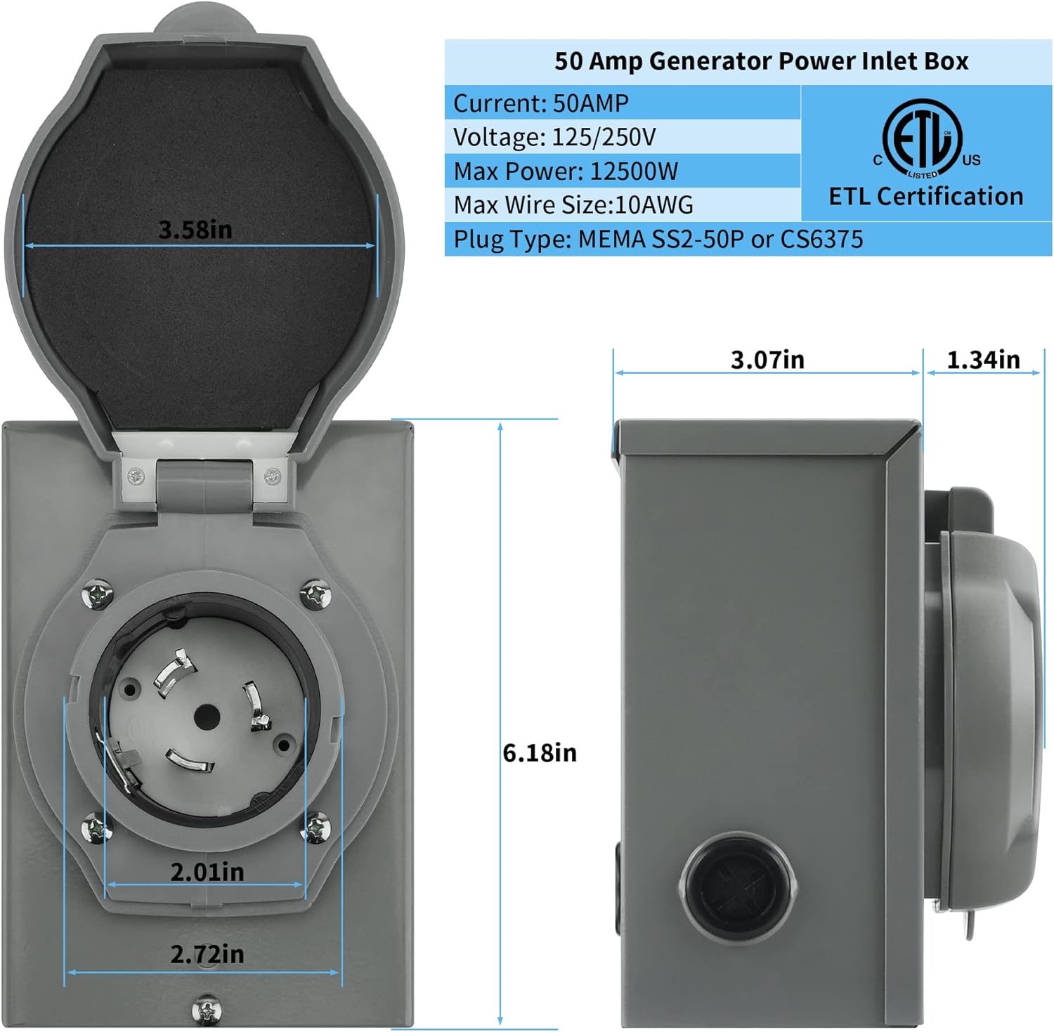 Flameweld 30 Amp Power Inlet Box, NEMA 3R Power Inlet Box, NEMA L14-30P PB30 Power Inlet Box, 125/250 Volt, 7500 Watts Generator Power Hookup, Weatherproof for Outdoor Use, ETL Listed