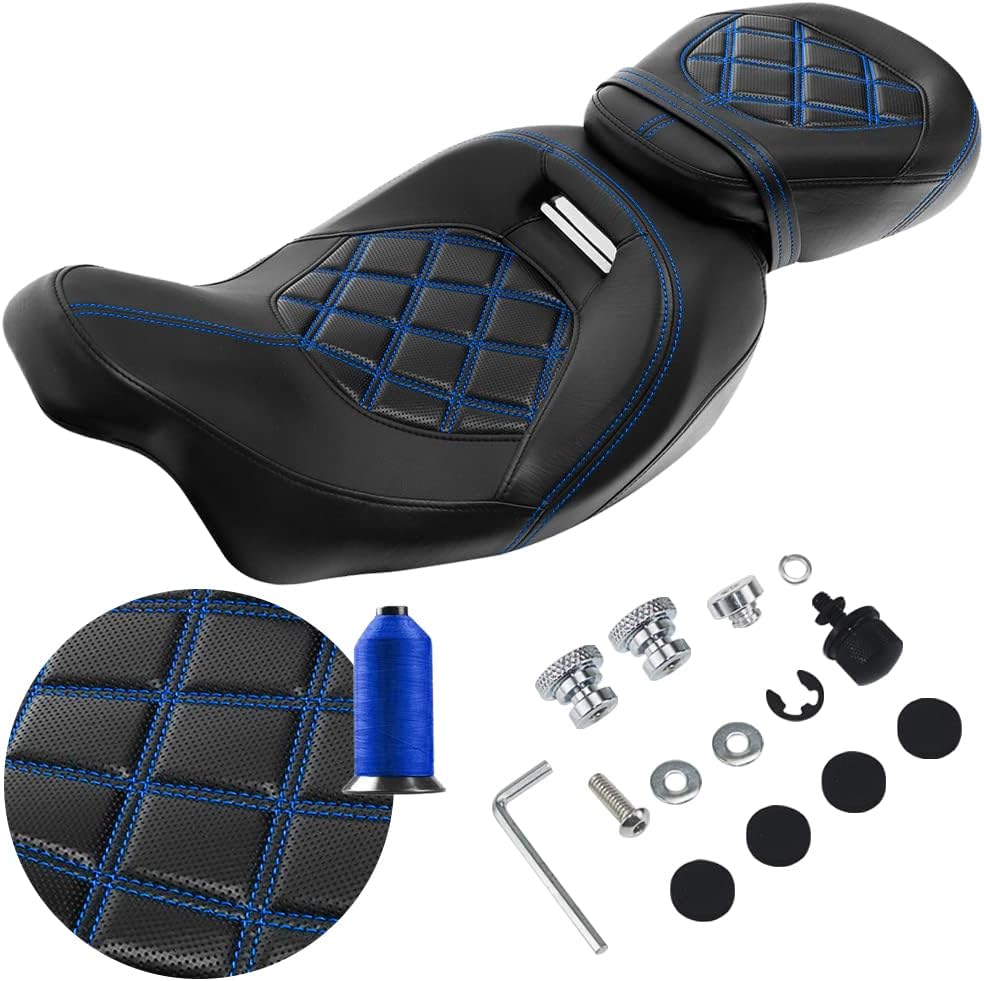 FOVPLUE Two-up Seat, Low-Profile Driver Passenger Pillion Seat for Harley Touring CVO Road Glide Road King Street Glide Electra Glide Ultra Limited FLHTKSE FLHTCUSE5 2009-2023, Double Blue Stitching