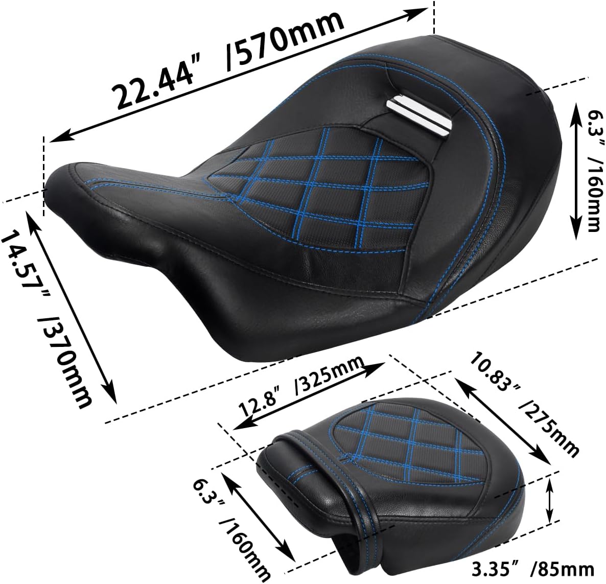 FOVPLUE Two-up Seat, Low-Profile Driver Passenger Pillion Seat for Harley Touring CVO Road Glide Road King Street Glide Electra Glide Ultra Limited FLHTKSE FLHTCUSE5 2009-2023, Double Blue Stitching