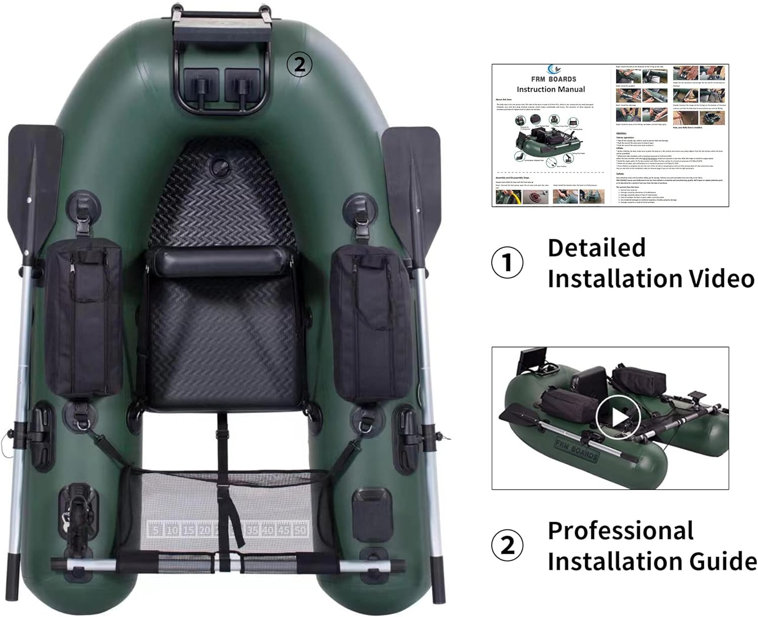 FRM BOARDS Inflatable Fishing Boat Belly Boat Fishing Float Tube with Storage Pockets, Adjustable Straps  Bracket for trolling Motor, Loading Capacity 400lbs