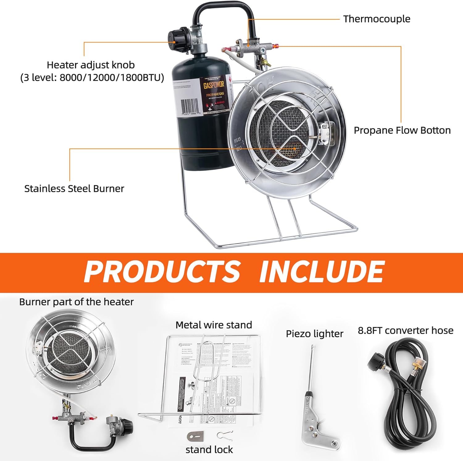 GASPOWOR Multi-Use Portable Propane Heater/Cooker,18,000 BTU Propane Outdoor Heater with 8.8 FT Hose (CSA) for Camping, Garage, Patio,Tent Heater for Hunting, Fishing or RVs(Fuel not included)