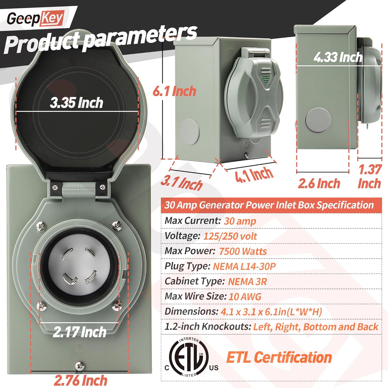 GeepKey 30 Amp Power Inlet Box, NEMA 3R Power Inlet Box, NEMA L14-30P PB30 Power Inlet Box, 125/250 Volt, 7500 Watts Generator Transfer Switch, Weatherproof for Outdoor Use, ETL Listed
