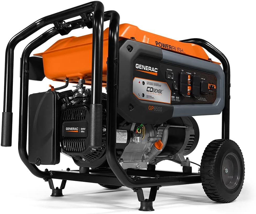 Generac 7676 GP8000E 8,000-Watt Gas-Powered Portable Generator - Electric Start with COsense - Powerrush Advanced Technology - Reliable Power for Emergencies and Recreation - CARB Compliant