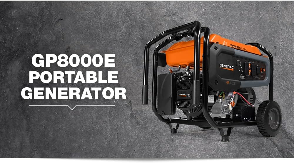 Generac 7676 GP8000E 8,000-Watt Gas-Powered Portable Generator - Electric Start with COsense - Powerrush Advanced Technology - Reliable Power for Emergencies and Recreation - CARB Compliant