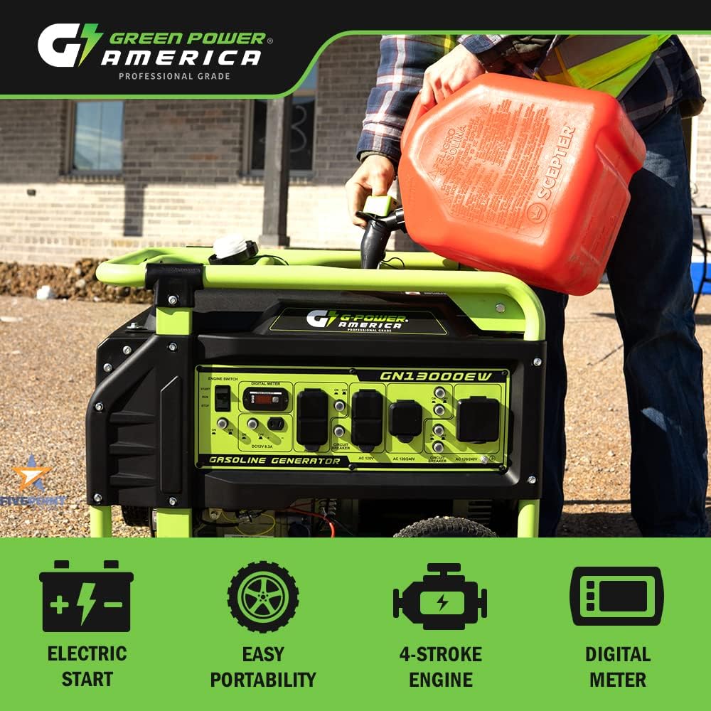 Green-Power America Portable Generator 13000 Watt,Gasoline Powered,Recoil/Electric Start, 12V-8.3A Charging Outlets, Home Back Up  RV Ready