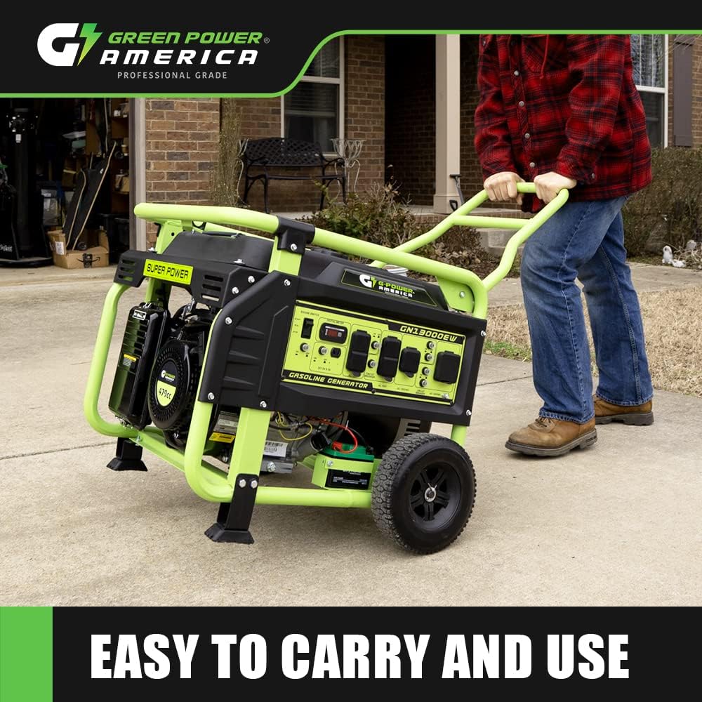 Green-Power America Portable Generator 13000 Watt,Gasoline Powered,Recoil/Electric Start, 12V-8.3A Charging Outlets, Home Back Up  RV Ready