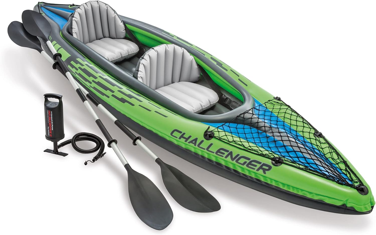 INTEX Challenger Inflatable Kayak Series: Includes Deluxe 86in Aluminum Oar and High-Output Pump – SuperStrong PVC – Adjustable Seat with Backrest – Removable Skeg – Cargo Storage Net