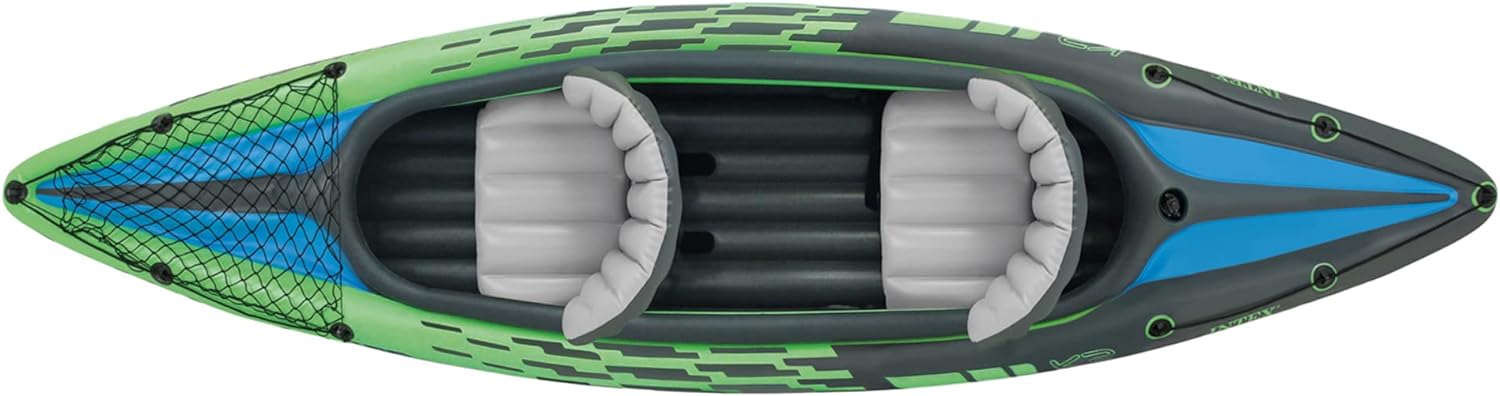 INTEX Challenger Inflatable Kayak Series: Includes Deluxe 86in Aluminum Oar and High-Output Pump – SuperStrong PVC – Adjustable Seat with Backrest – Removable Skeg – Cargo Storage Net