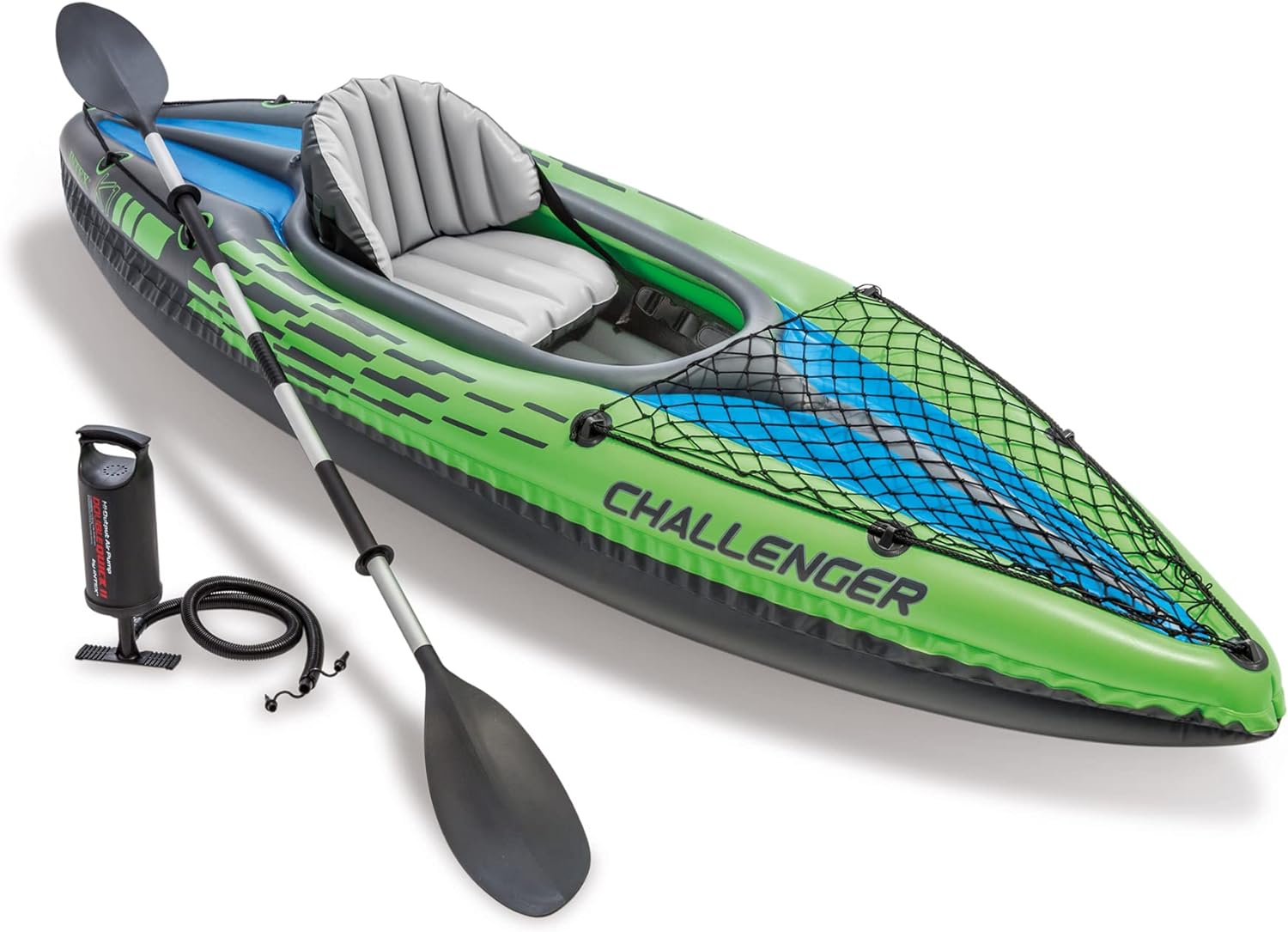 INTEX Challenger Inflatable Kayak Series: Includes Deluxe 86in Aluminum Oar and High-Output Pump – SuperStrong PVC – Adjustable Seat with Backrest – Removable Skeg – Cargo Storage Net