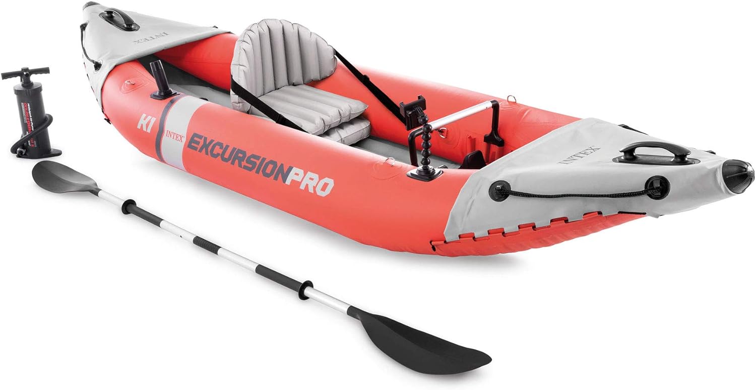 INTEX Excursion Pro Inflatable Kayak Series: Includes Deluxe 86in Aluminum Oars and High-Output Pump – SuperTough PVC – Adjustable Bucket Seat – Fishing Rod Holders – Grab Handles