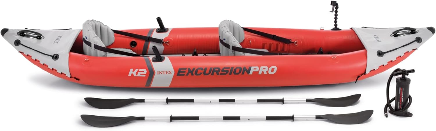 INTEX Excursion Pro Inflatable Kayak Series: Includes Deluxe 86in Aluminum Oars and High-Output Pump – SuperTough PVC – Adjustable Bucket Seat – Fishing Rod Holders – Grab Handles