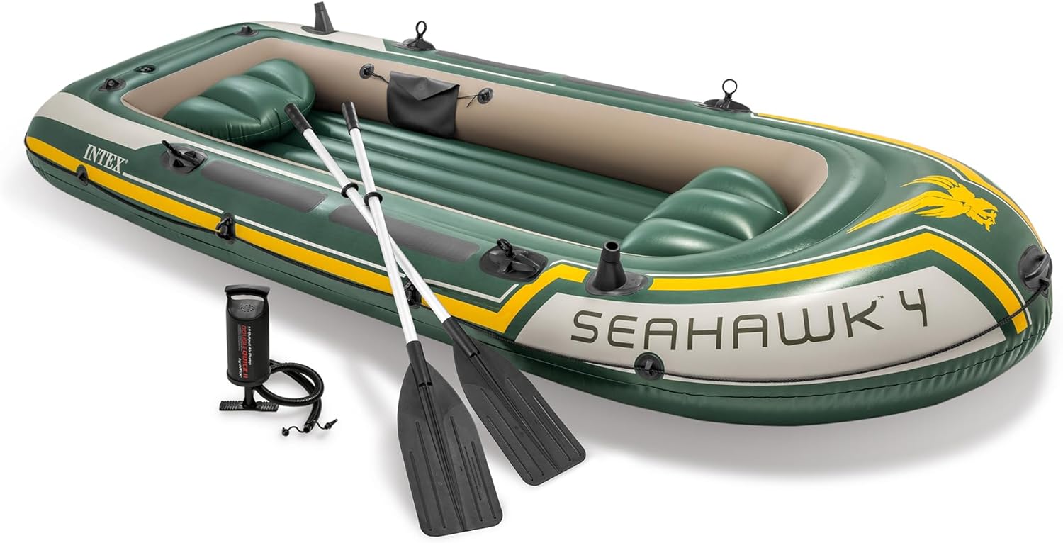 INTEX Seahawk Inflatable Boat Series: Includes Deluxe Aluminum Oars and High-Output Pump – SuperStrong PVC – Fishing Rod Holders – Heavy Duty Grab Handles – Gear Pouch