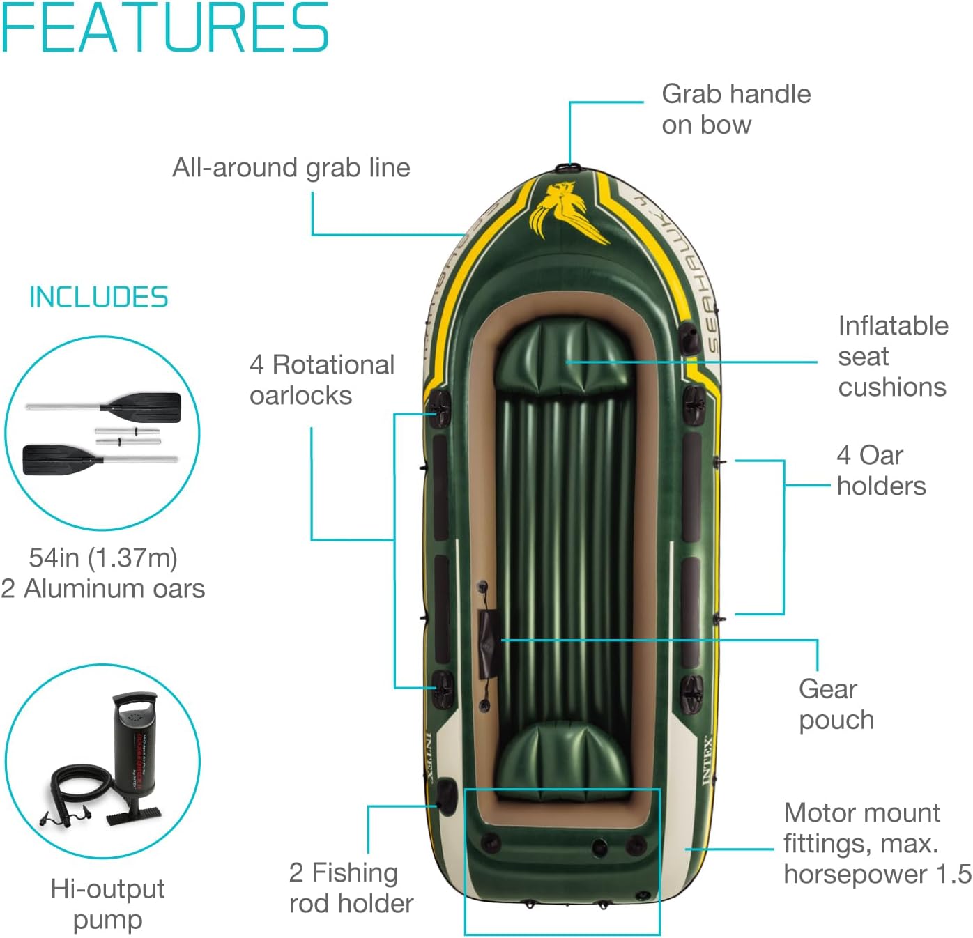 INTEX Seahawk Inflatable Boat Series: Includes Deluxe Aluminum Oars and High-Output Pump – SuperStrong PVC – Fishing Rod Holders – Heavy Duty Grab Handles – Gear Pouch