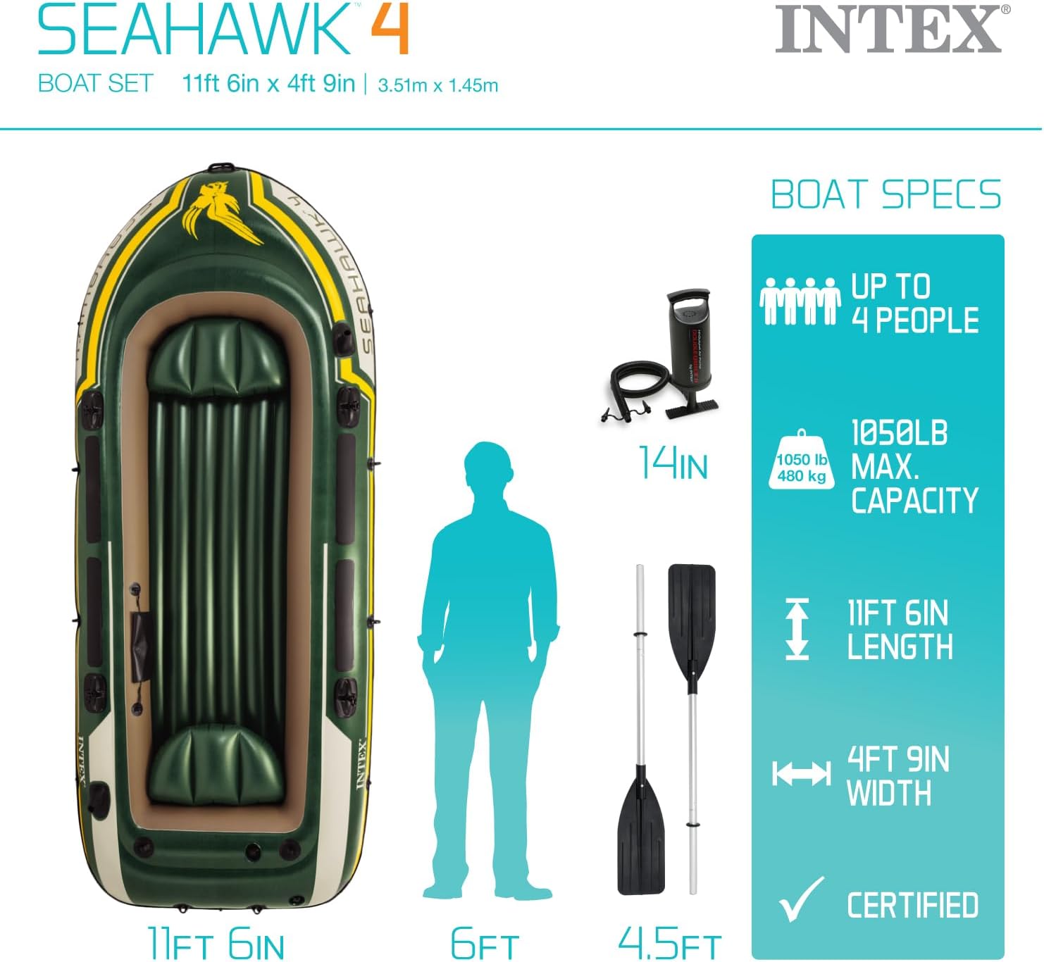 INTEX Seahawk Inflatable Boat Series: Includes Deluxe Aluminum Oars and High-Output Pump – SuperStrong PVC – Fishing Rod Holders – Heavy Duty Grab Handles – Gear Pouch