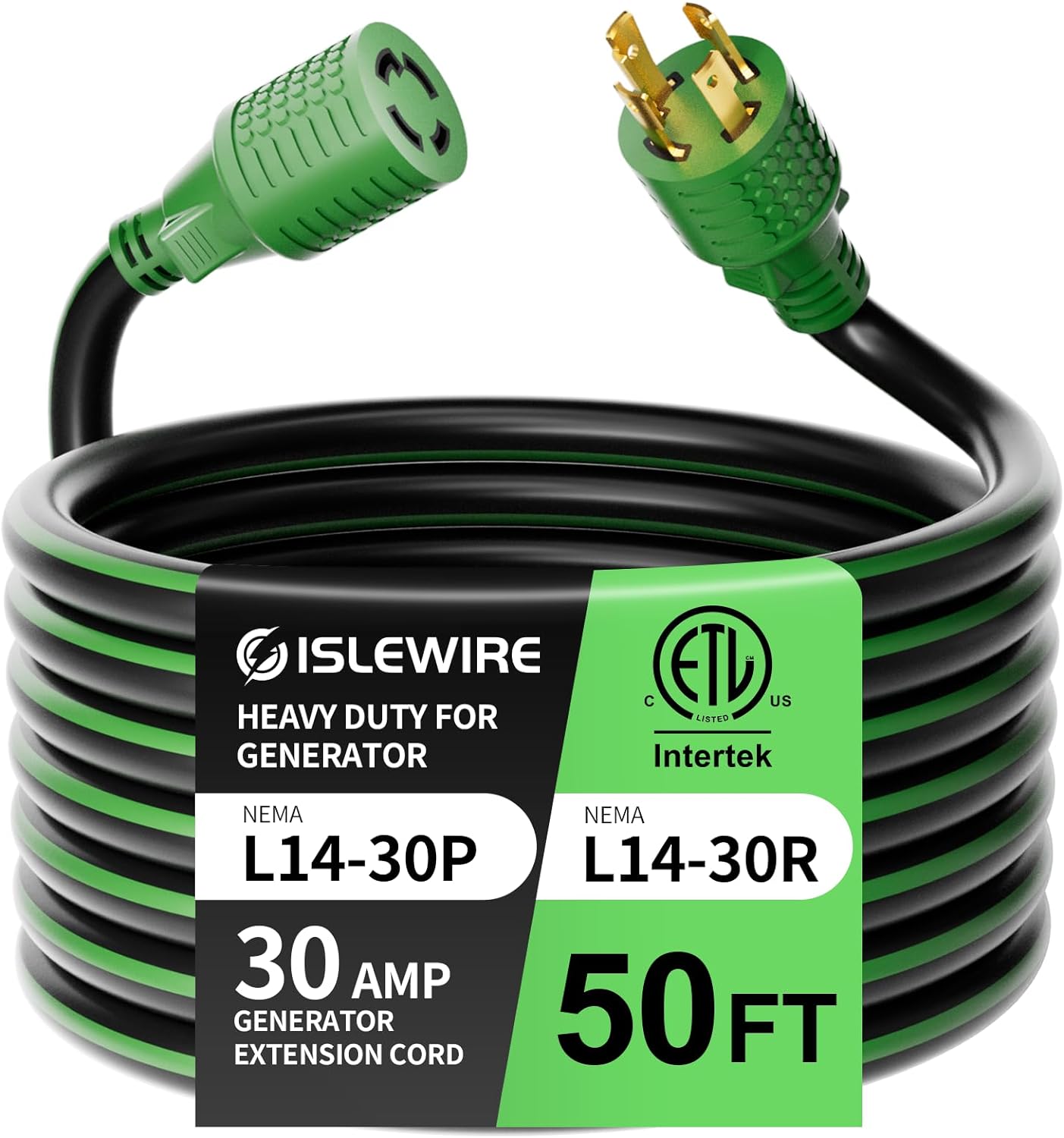 ISLEWIRE 4 Prong 30 Amp Extension Generator Cord 50FT, NEMA L14-30P/L14-30R, 125/250 Volt Up to 7500 Watts, 10 Gauge SJTW Twist Lock Power Cord for Manual Transfer Switch, BlackGreen, ETL Listed