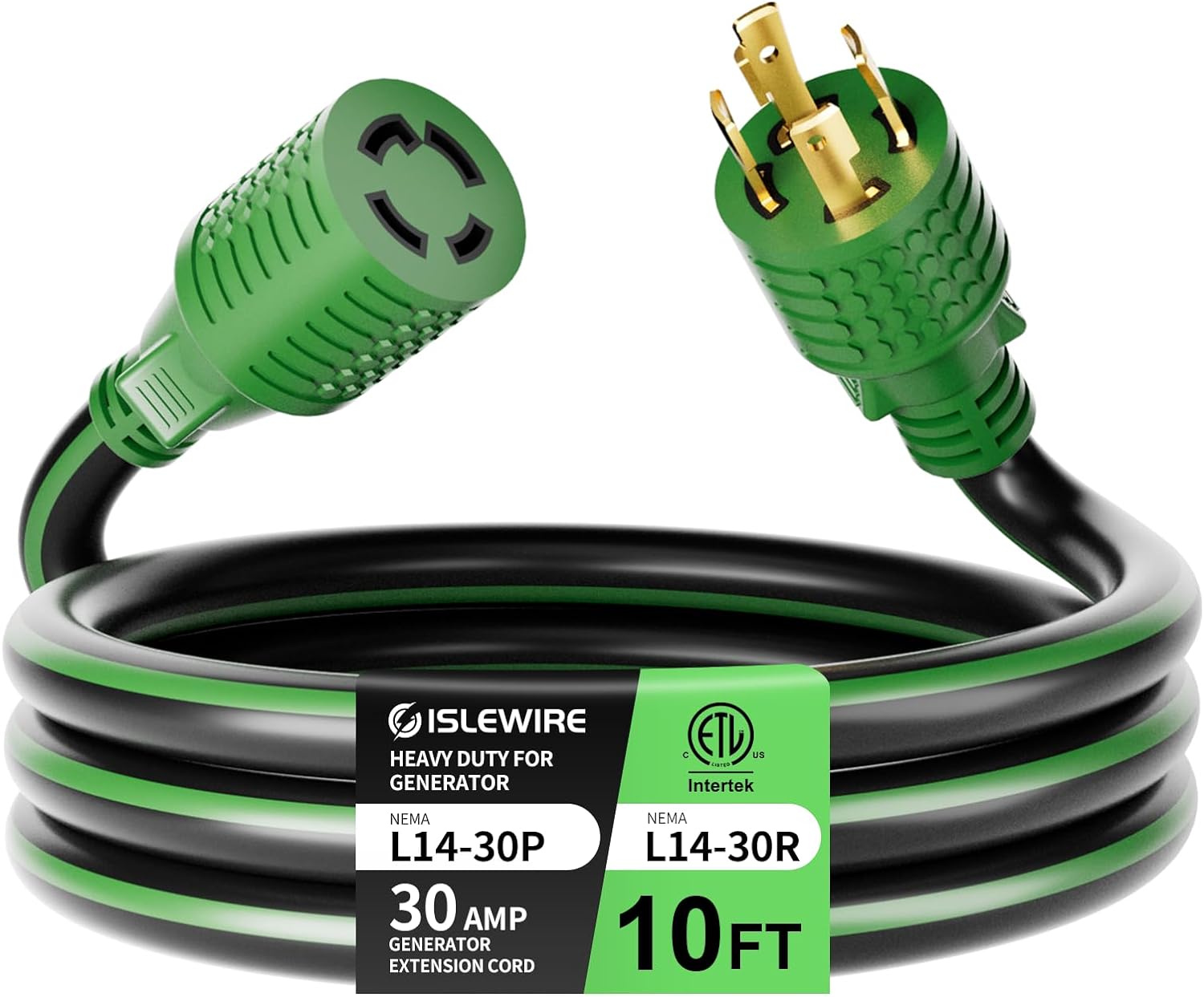 ISLEWIRE 4 Prong 30 Amp Extension Generator Cord 50FT, NEMA L14-30P/L14-30R, 125/250 Volt Up to 7500 Watts, 10 Gauge SJTW Twist Lock Power Cord for Manual Transfer Switch, BlackGreen, ETL Listed