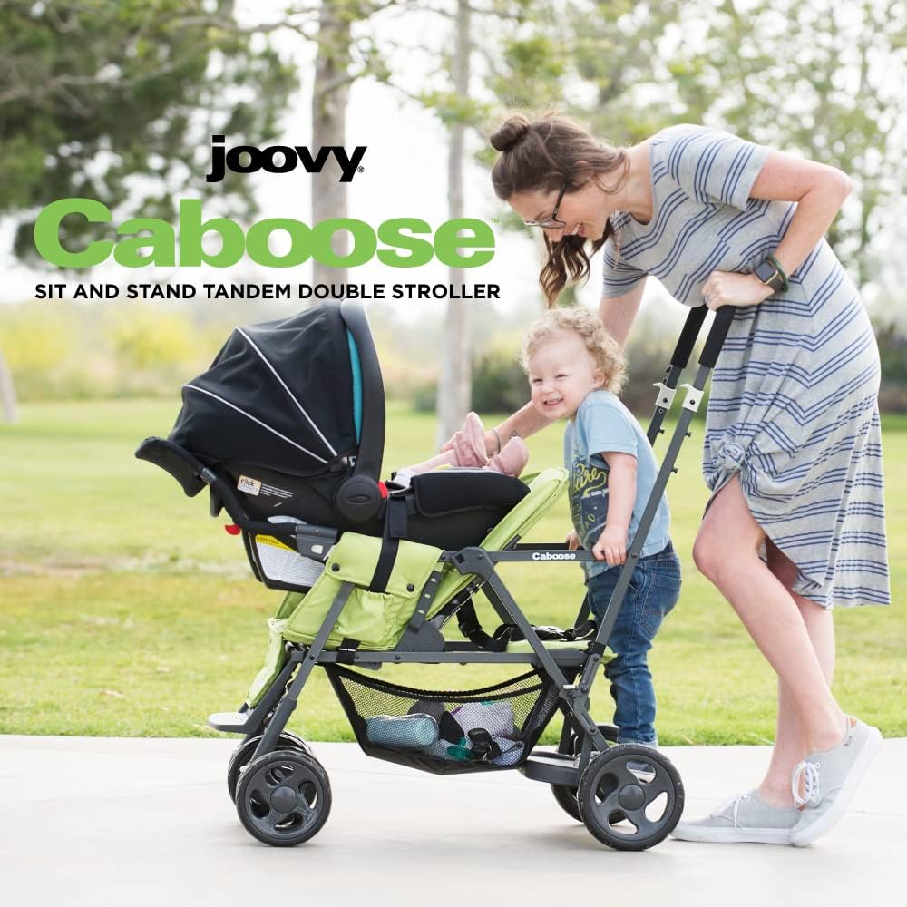 Joovy Caboose Sit and Stand Double Stroller with Rear Bench and Standing Platform, 3-Way Reclining Seats, Optional Rear Seat, and Universal Car Seat Adapter (Appletree)