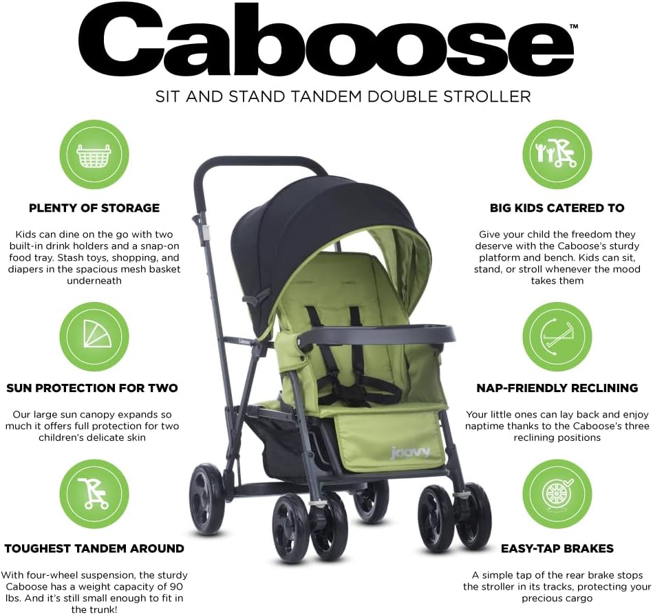 Joovy Caboose Sit and Stand Double Stroller with Rear Bench and Standing Platform, 3-Way Reclining Seats, Optional Rear Seat, and Universal Car Seat Adapter (Appletree)