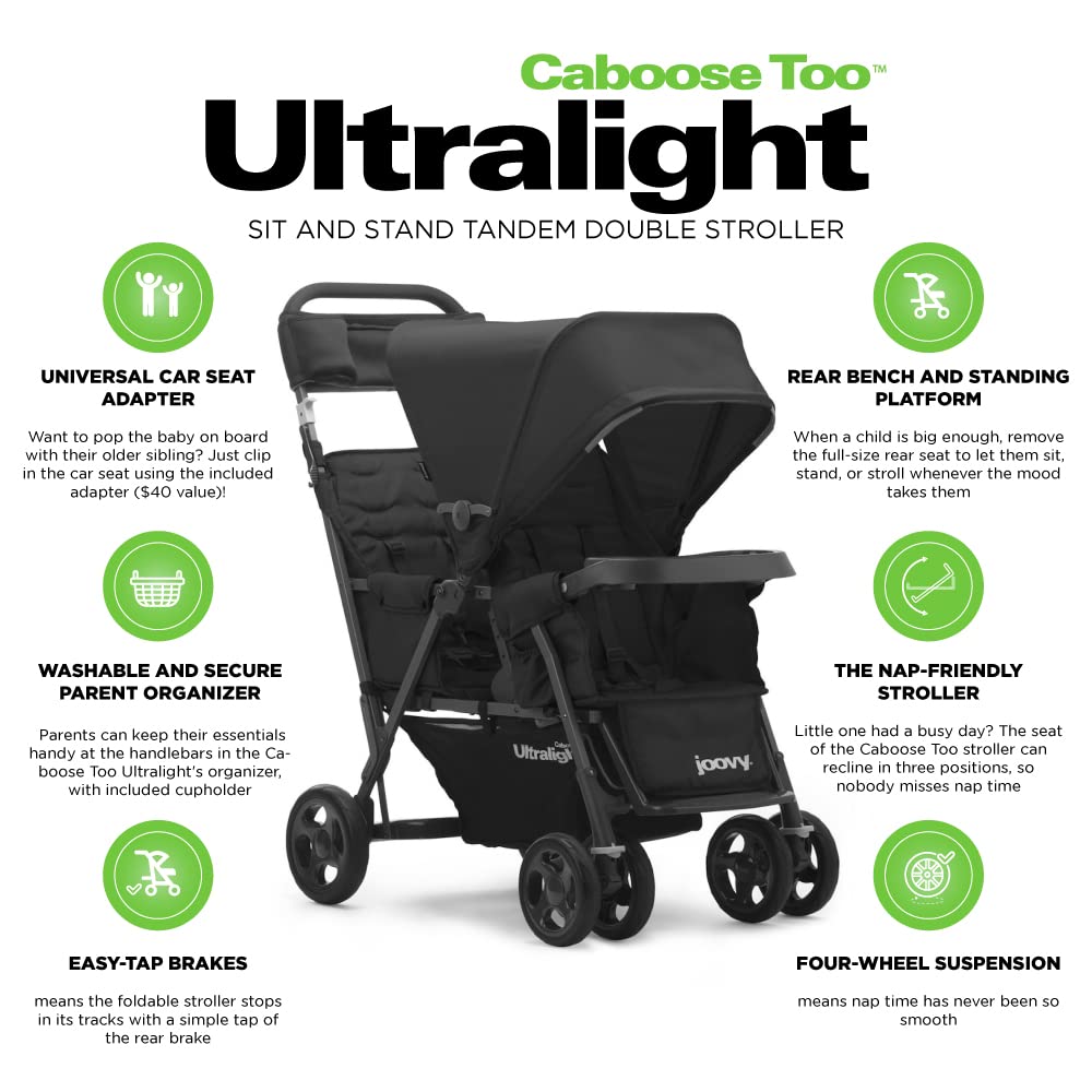 Joovy Caboose Too Ultralight Graphite Stand-On Double Stroller with Universal Car Seat Adapter, 3-Way Reclining Seats, Option to Use Rear Seat, Bench Seat, or Standing Platform