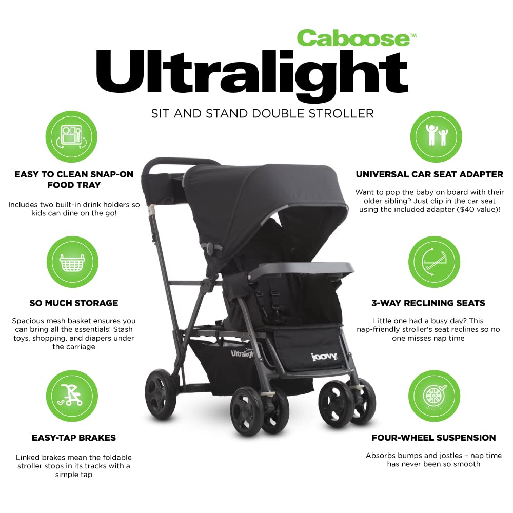 Joovy Caboose Ultralight Sit and Stand Double Stroller with Rear Bench and Standing Platform, 3-Way Reclining Seats, Optional Rear Seat, and Universal Car Seat Adapter (Turq)