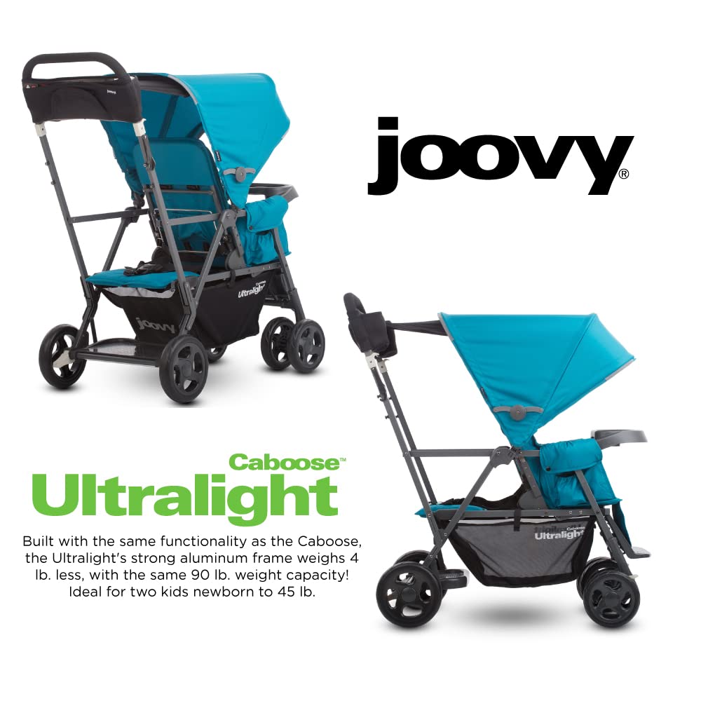 Joovy Caboose Ultralight Sit and Stand Double Stroller with Rear Bench and Standing Platform, 3-Way Reclining Seats, Optional Rear Seat, and Universal Car Seat Adapter (Turq)