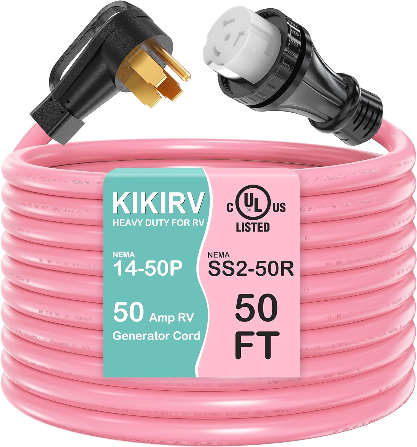 KIKIRV 50 Amp 50 Feet RV/Generator Cord with Locking Connector, Heavy Duty 50A Generator Cord, 14-50P Male and SS2-50R Twist Locking Female for RV Trailer Camper and Generator to House, UL Listed